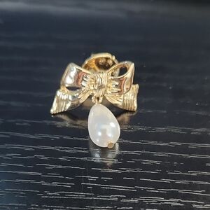 Gold Bow Pearl Drop Brooch Pin - White Pearl
